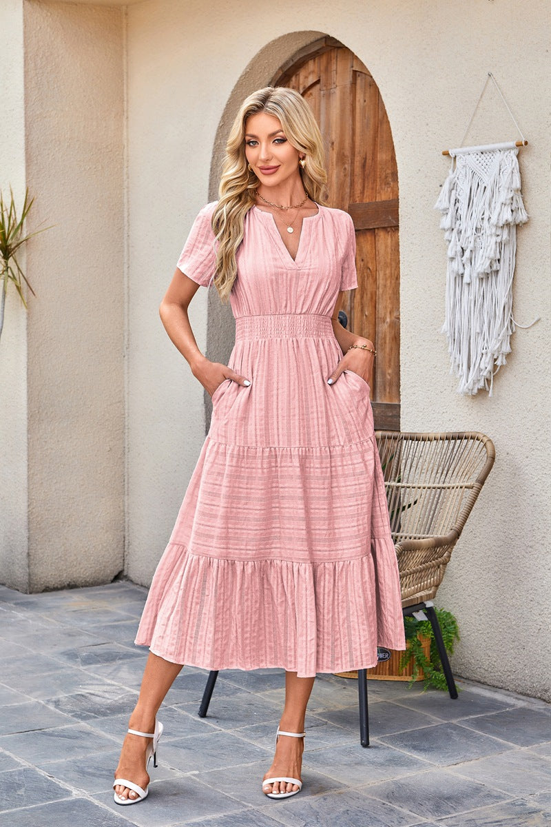Women's V-Neck Smocked Waist Tiered Midi Dress — Flowy Puff Sleeve Boho Maxi Dress with Elastic Waist & Ruffle Tiered Skirt, Summer Casual Party Dress in 14 Colors S–XXL