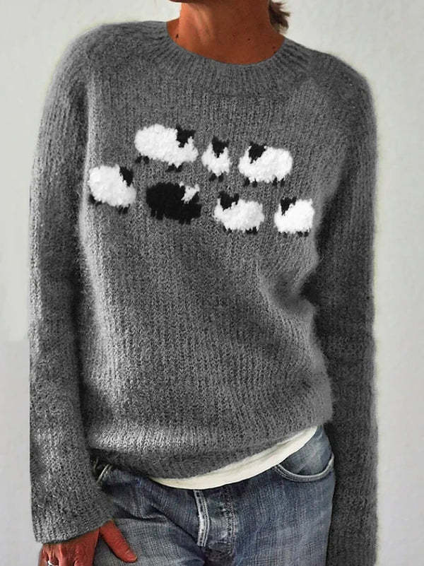 Women's Vintage Colorblock Knit Sweater | Boho Folk Floral Crew Neck Oversized Pullover | Fall Winter Top
