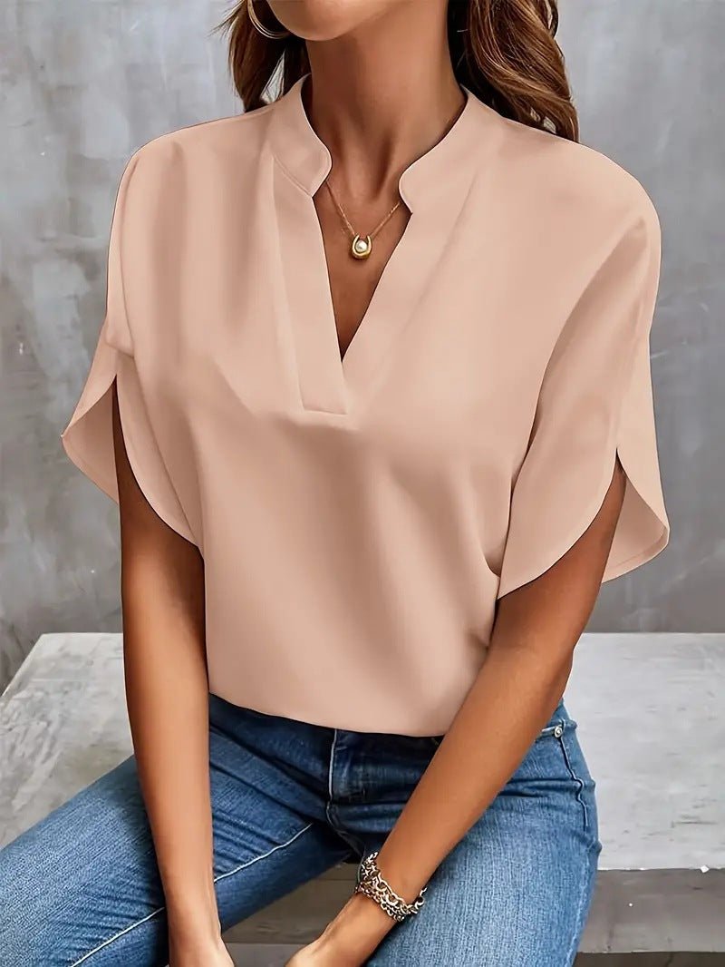 Women's V-Neck Chiffon Blouse — Wrinkle-Free Relaxed Fit Short Sleeve Pullover Shirt, Elegant Casual Summer Top in 7 Colors, S–2XL