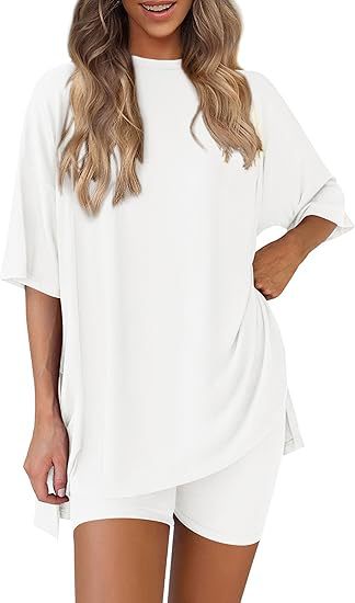 Women's Oversized Lounge Set 2 Piece — Short Sleeve Tee & Biker Shorts | Casual Comfy Matching Outfit