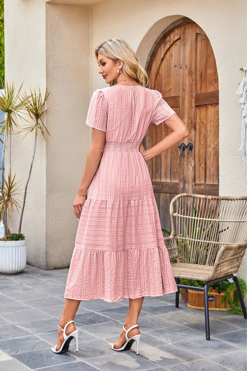 Women's V-Neck Smocked Waist Tiered Midi Dress — Flowy Puff Sleeve Boho Maxi Dress with Elastic Waist & Ruffle Tiered Skirt, Summer Casual Party Dress in 14 Colors S–XXL