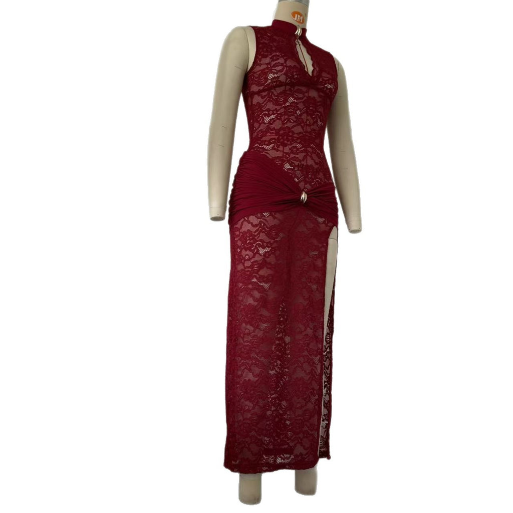 Women's Sheer Lace Keyhole Cutout High Slit Maxi Dress — Sexy Sleeveless Floral Lace Bodycon Evening Gown with Draped Satin Waist, Formal Party Dress S–L in 3 Colors
