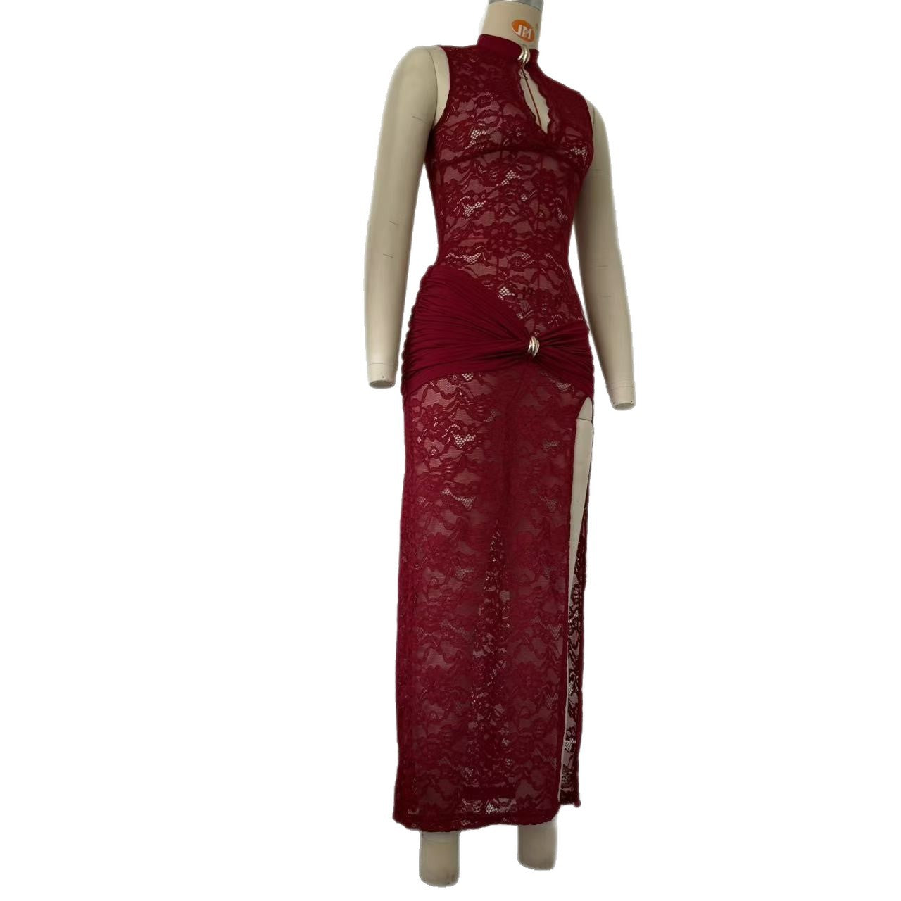 Women's Sheer Lace Keyhole Cutout High Slit Maxi Dress — Sexy Sleeveless Floral Lace Bodycon Evening Gown with Draped Satin Waist, Formal Party Dress S–L in 3 Colors