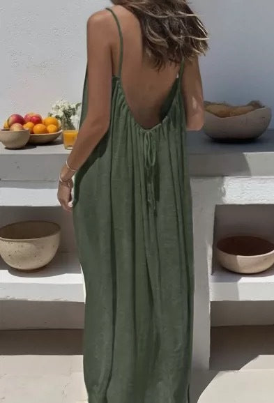 Women's Spaghetti Strap Open Back Loose Maxi Dress — Sexy Backless Slip Sundress, Adjustable Straps Casual Boho Beach Lounge Dress S–5XL in 25+ Colors
