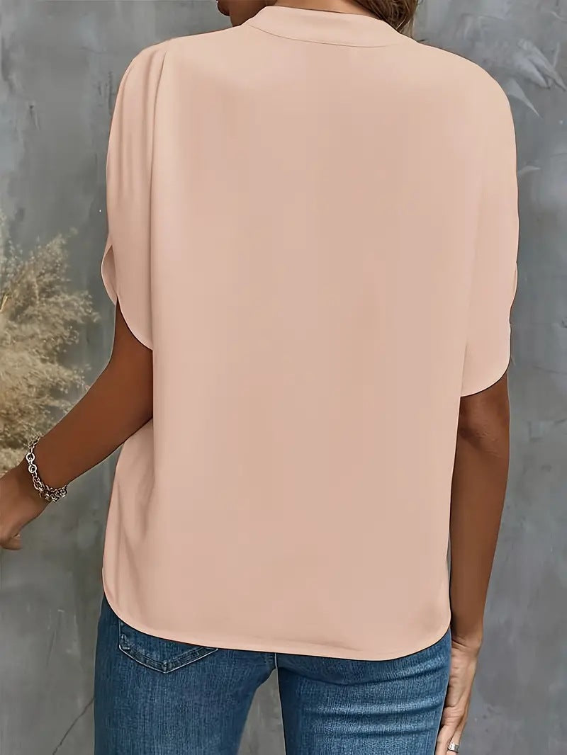 Women's V-Neck Chiffon Blouse — Wrinkle-Free Relaxed Fit Short Sleeve Pullover Shirt, Elegant Casual Summer Top in 7 Colors, S–2XL