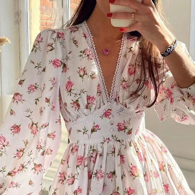 Women's V-Neck Lace Trim Floral Mini Dress — Romantic Puff Sleeve Tiered Ruffle Skirt Short Dress, Sweet Boho Floral Party Dress S–XXXL in 9 Prints