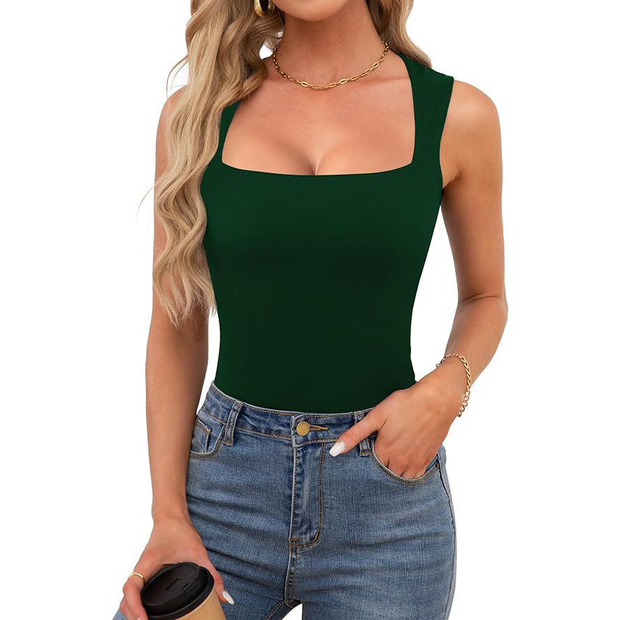 Women's Square Neck Sleeveless Tank Top — Double Layer Slim Fit Basic Crop Tee, Wide Strap Cami Shirt in 14 Colors