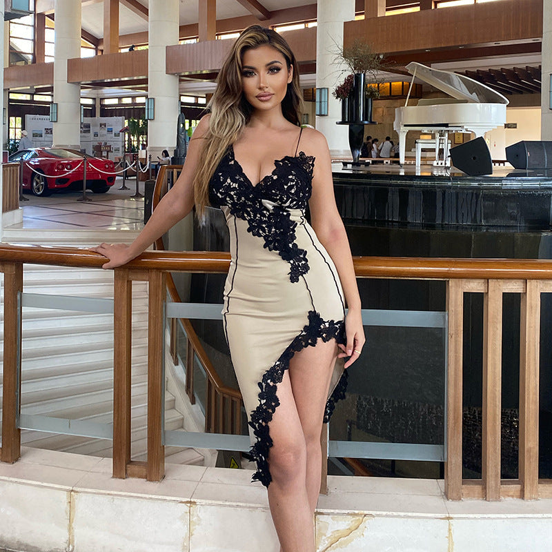 Sexy Deep V Lace Spaghetti Strap Bodycon Mini Dress for Women, Backless Slim Fit Party Club Dress