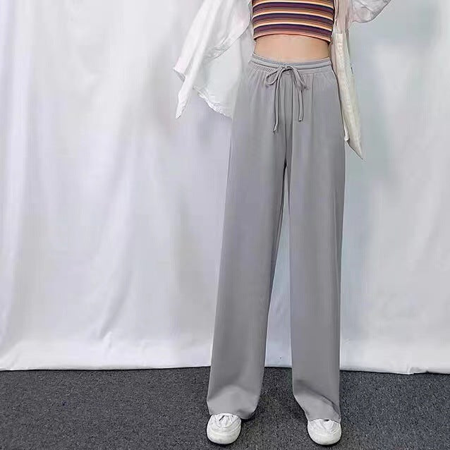Women's Ice Silk Wide Leg Pants — High Waist Drawstring Flowy Trousers for Summer, Petite-Friendly Straight-Cut Lounge Pants