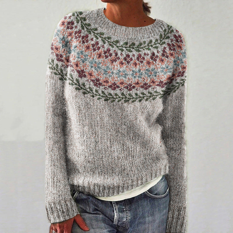 Women's Vintage Colorblock Knit Sweater | Boho Folk Floral Crew Neck Oversized Pullover | Fall Winter Top