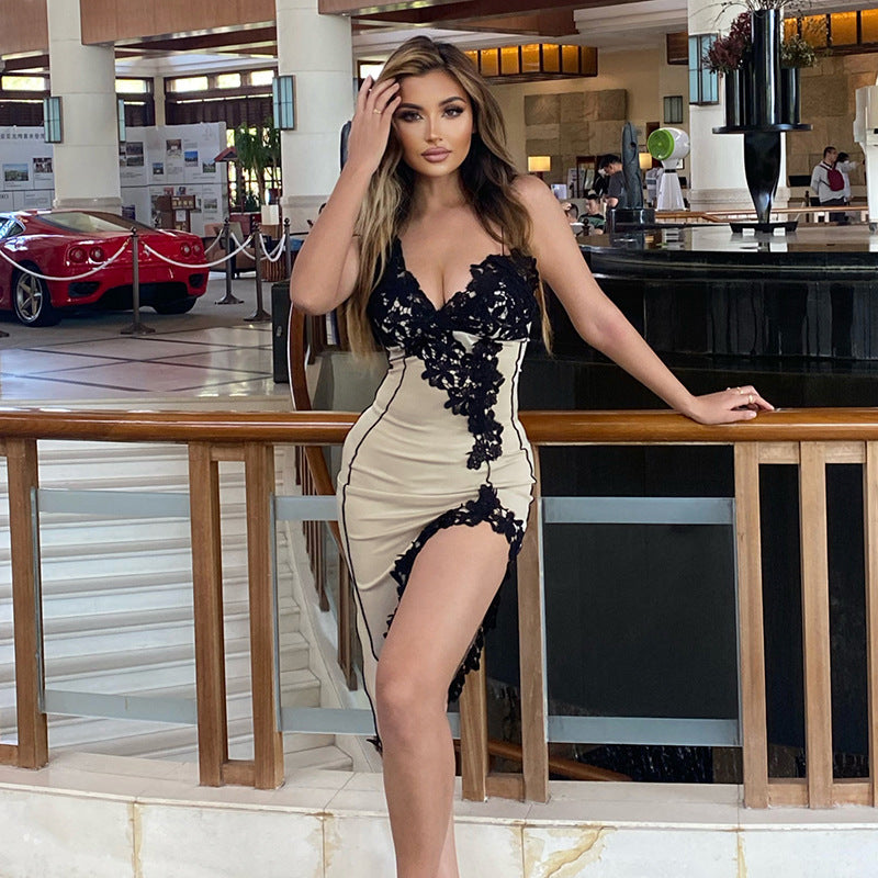 Sexy Deep V Lace Spaghetti Strap Bodycon Mini Dress for Women, Backless Slim Fit Party Club Dress