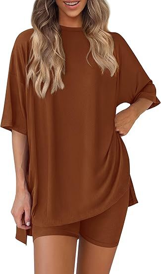 Women's Oversized Lounge Set 2 Piece — Short Sleeve Tee & Biker Shorts | Casual Comfy Matching Outfit