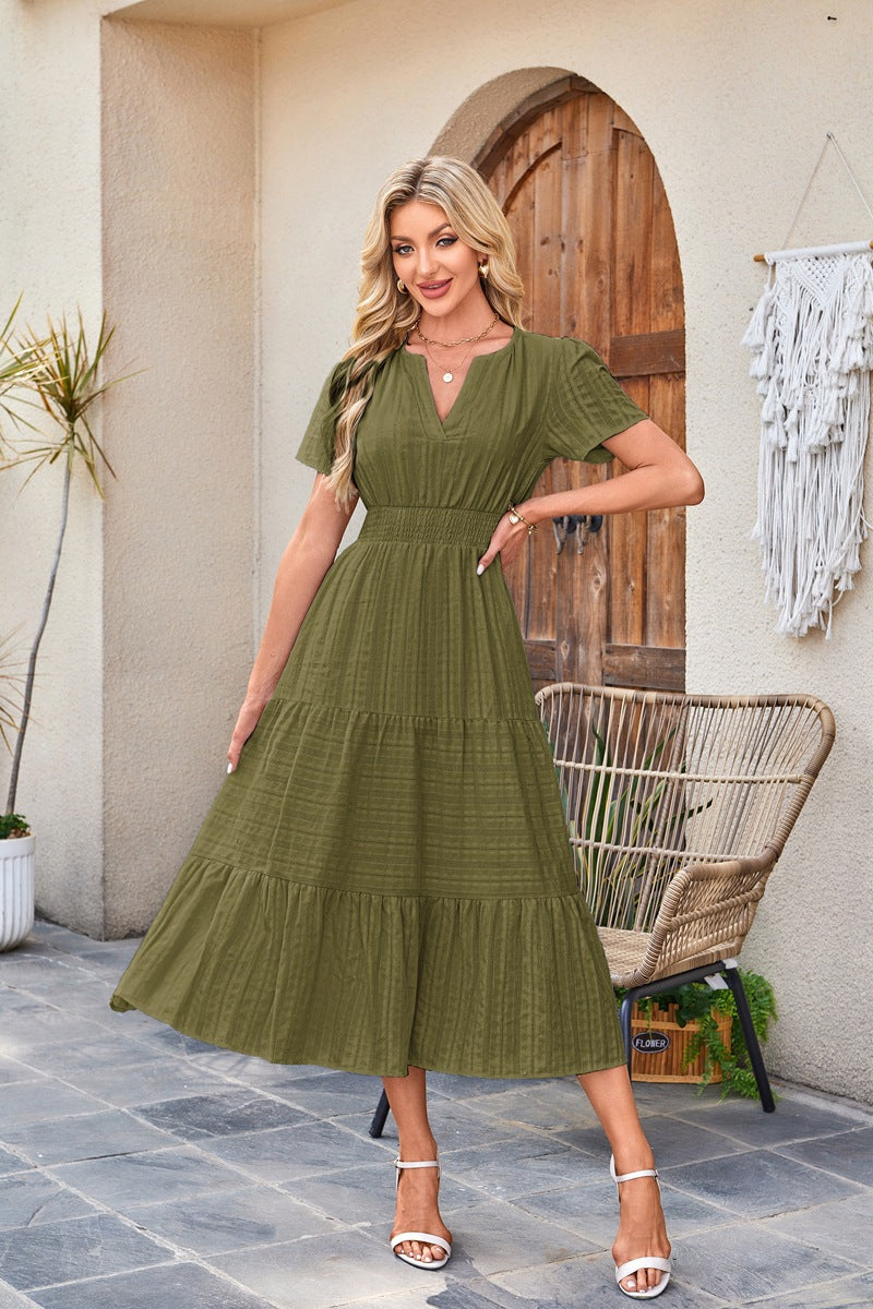 Women's V-Neck Smocked Waist Tiered Midi Dress — Flowy Puff Sleeve Boho Maxi Dress with Elastic Waist & Ruffle Tiered Skirt, Summer Casual Party Dress in 14 Colors S–XXL