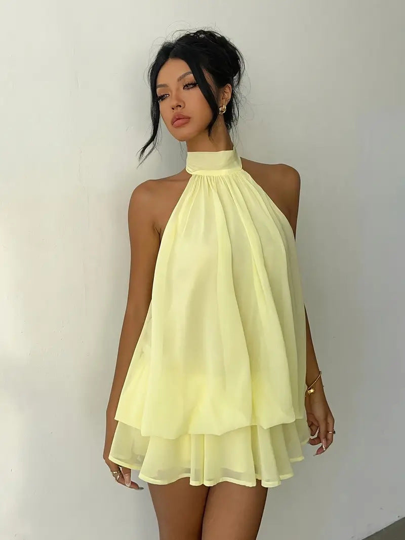 Sexy Chiffon Halter Mini Dress for Women, Island Vacation Backless Flowy Beach Dress, Summer Tea Dress