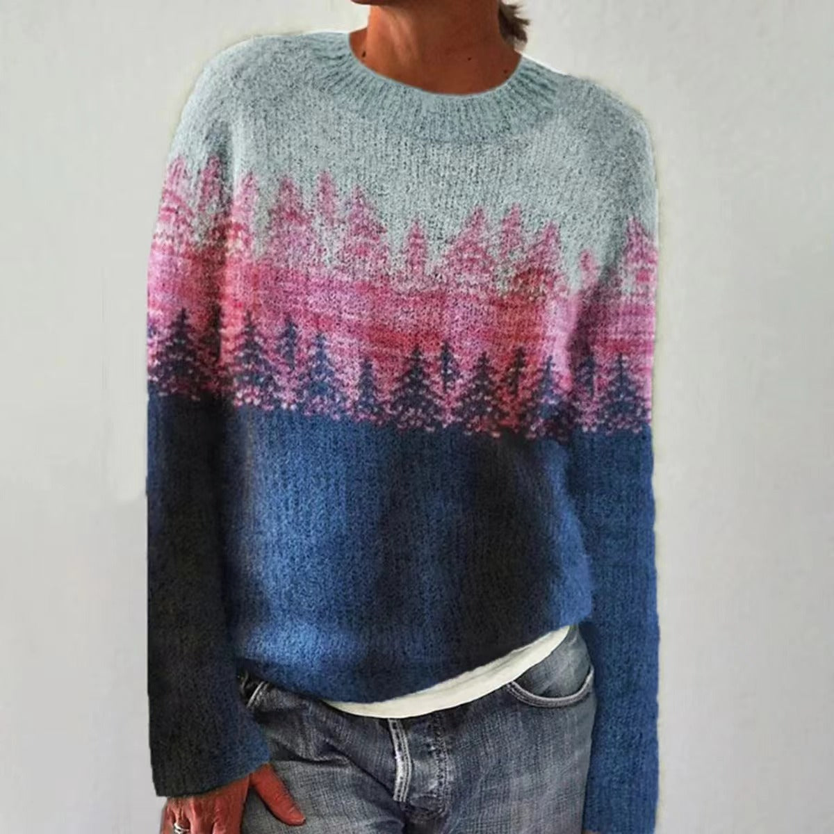 Women's Vintage Colorblock Knit Sweater | Boho Folk Floral Crew Neck Oversized Pullover | Fall Winter Top