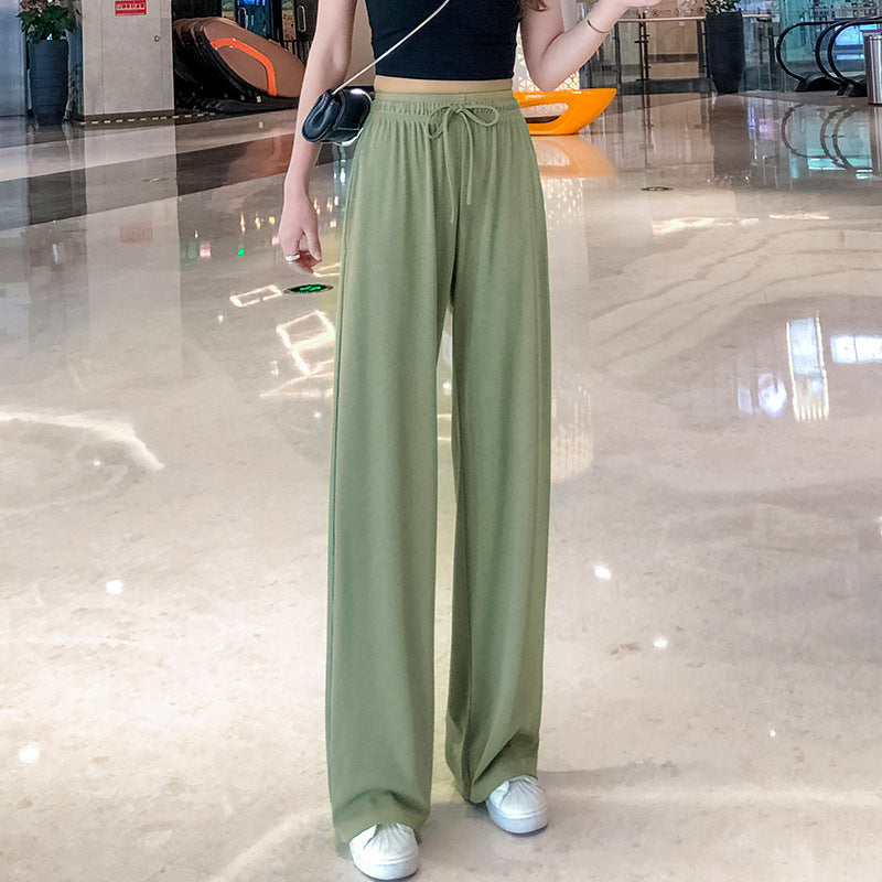 Women's Ice Silk Wide Leg Pants — High Waist Drawstring Flowy Trousers for Summer, Petite-Friendly Straight-Cut Lounge Pants
