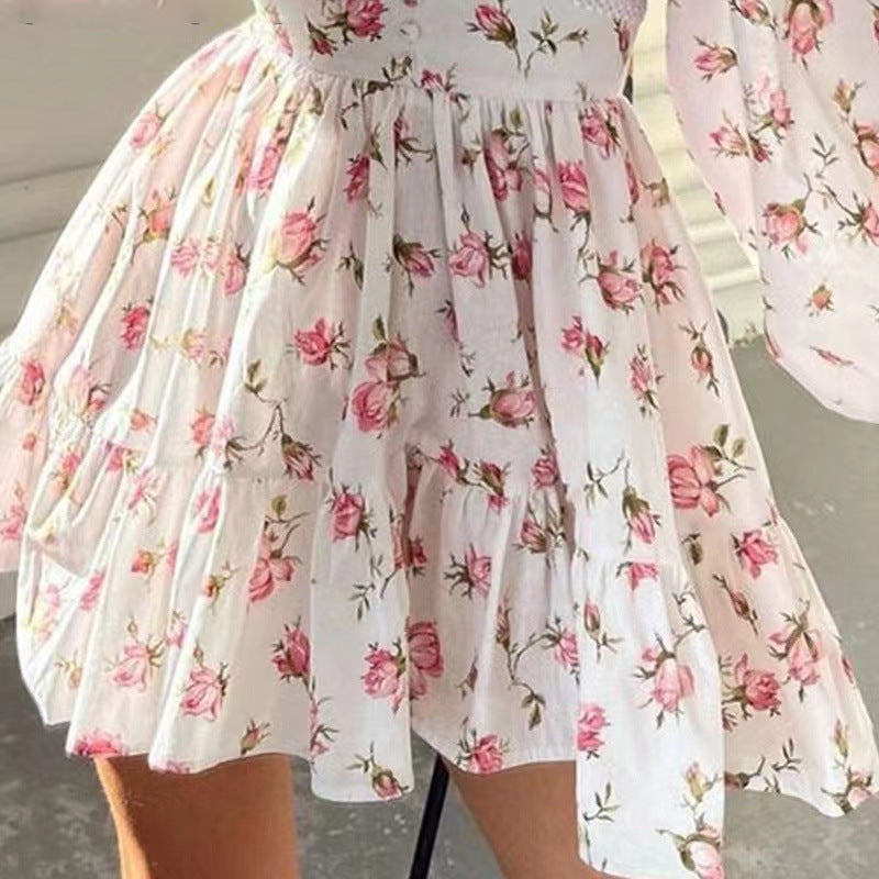 Women's V-Neck Lace Trim Floral Mini Dress — Romantic Puff Sleeve Tiered Ruffle Skirt Short Dress, Sweet Boho Floral Party Dress S–XXXL in 9 Prints