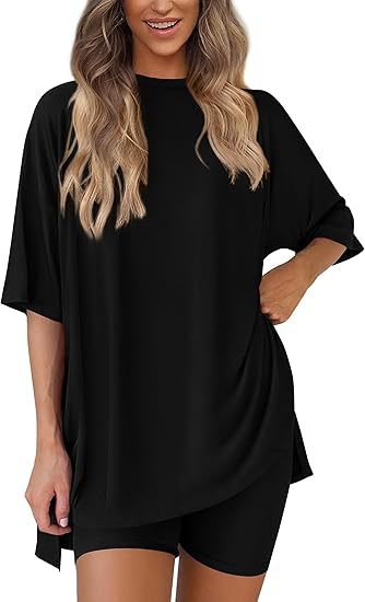 Women's Oversized Lounge Set 2 Piece — Short Sleeve Tee & Biker Shorts | Casual Comfy Matching Outfit