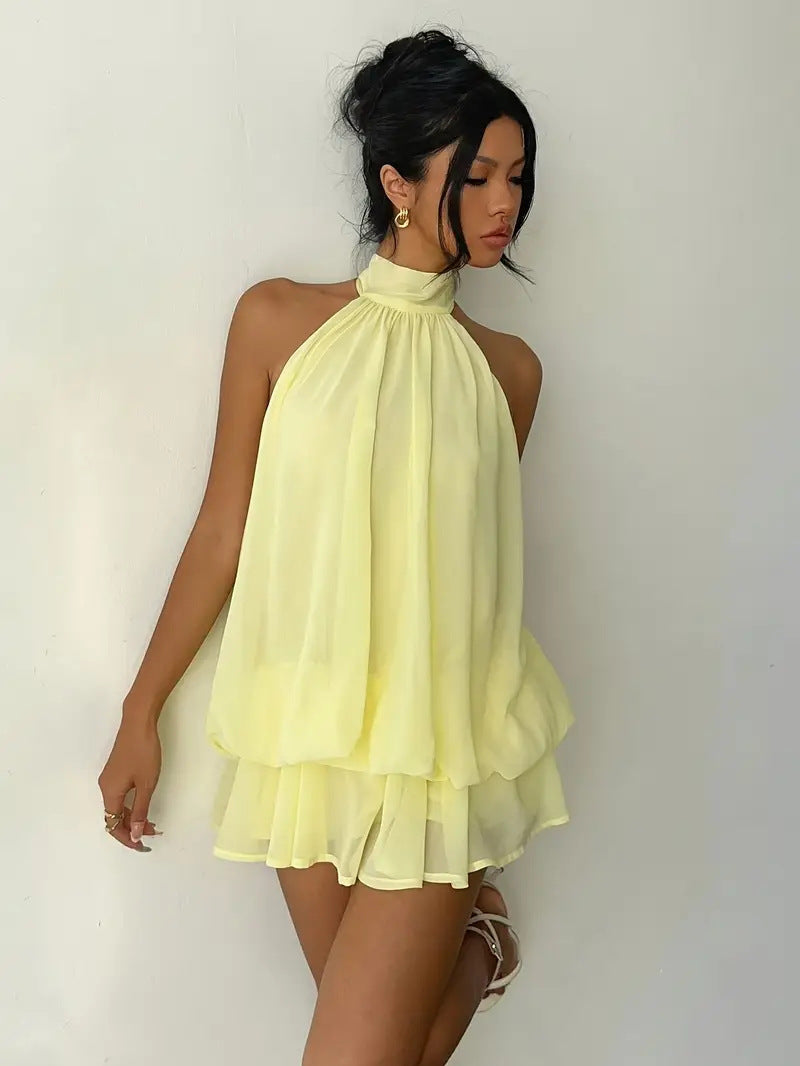 Sexy Chiffon Halter Mini Dress for Women, Island Vacation Backless Flowy Beach Dress, Summer Tea Dress