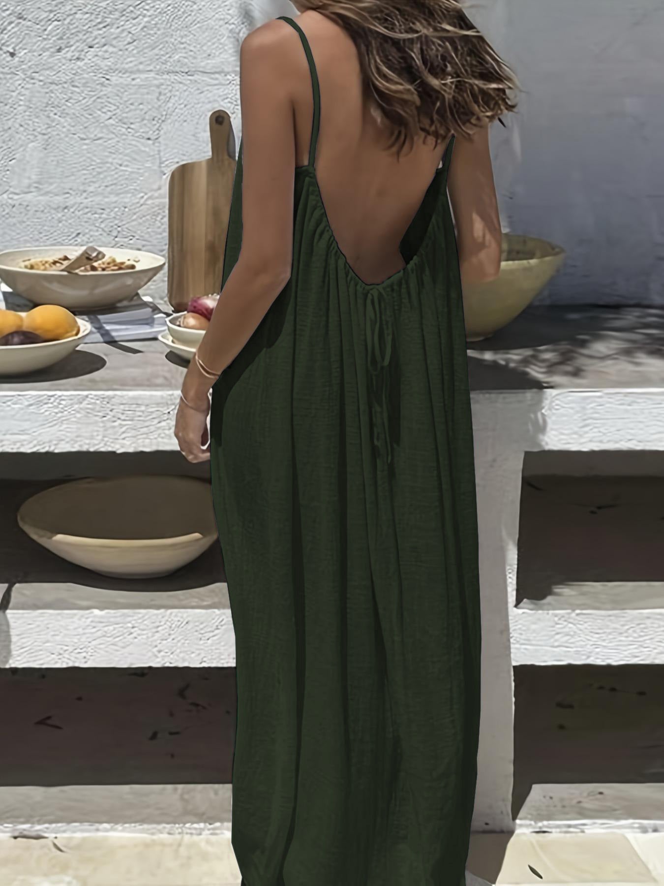 Women's Spaghetti Strap Open Back Loose Maxi Dress — Sexy Backless Slip Sundress, Adjustable Straps Casual Boho Beach Lounge Dress S–5XL in 25+ Colors