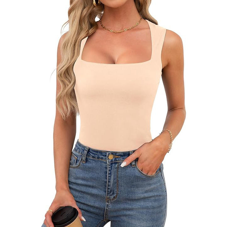 Women's Square Neck Sleeveless Tank Top — Double Layer Slim Fit Basic Crop Tee, Wide Strap Cami Shirt in 14 Colors