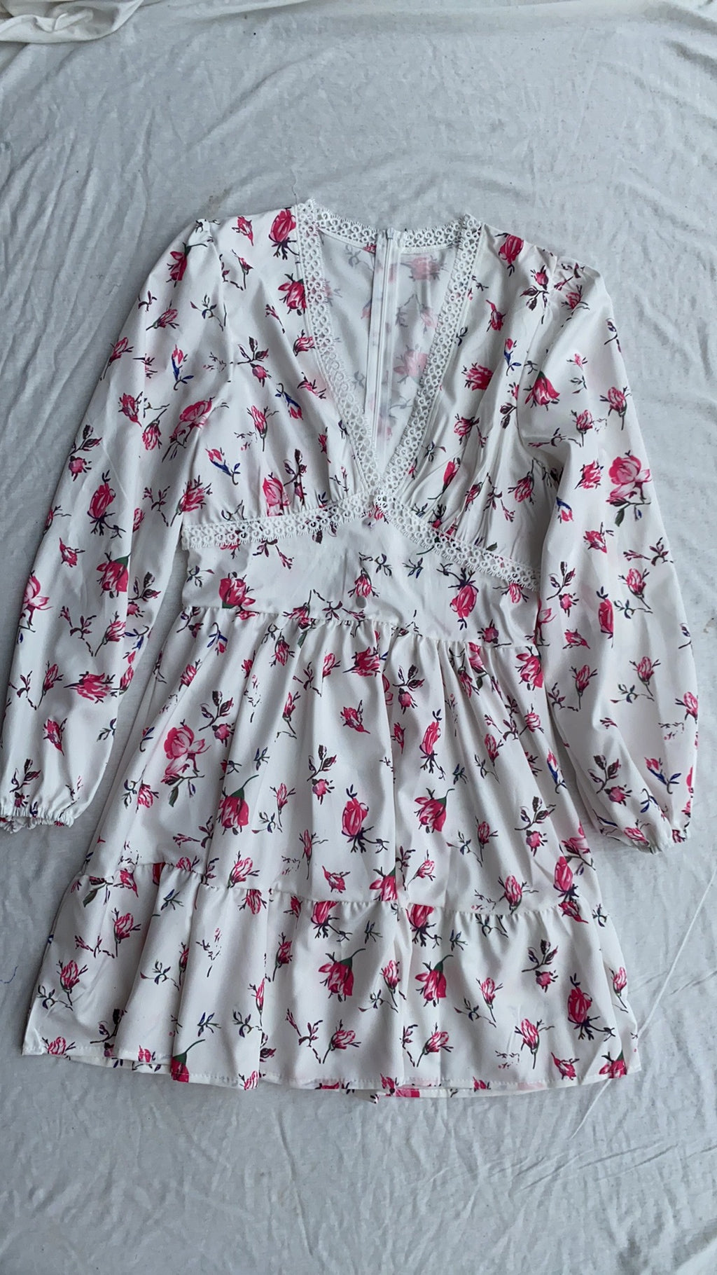 Women's V-Neck Lace Trim Floral Mini Dress — Romantic Puff Sleeve Tiered Ruffle Skirt Short Dress, Sweet Boho Floral Party Dress S–XXXL in 9 Prints