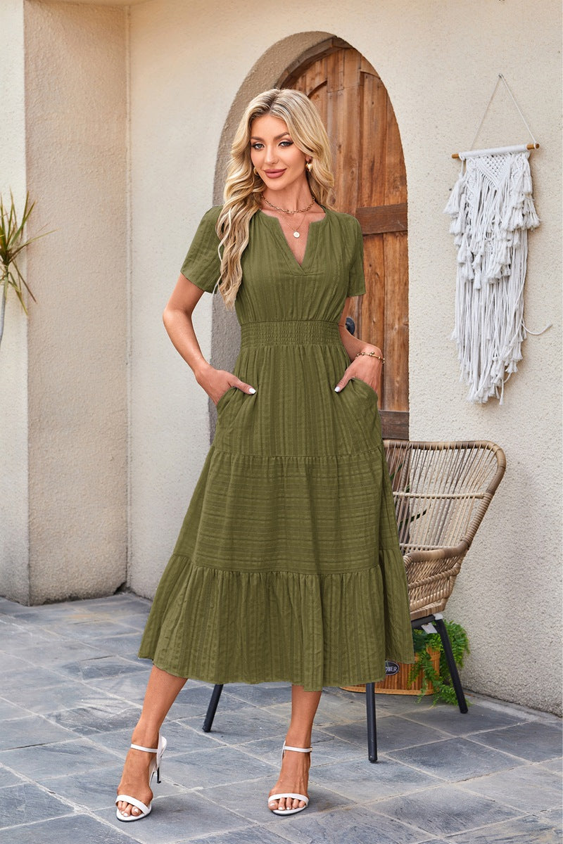 Women's V-Neck Smocked Waist Tiered Midi Dress — Flowy Puff Sleeve Boho Maxi Dress with Elastic Waist & Ruffle Tiered Skirt, Summer Casual Party Dress in 14 Colors S–XXL