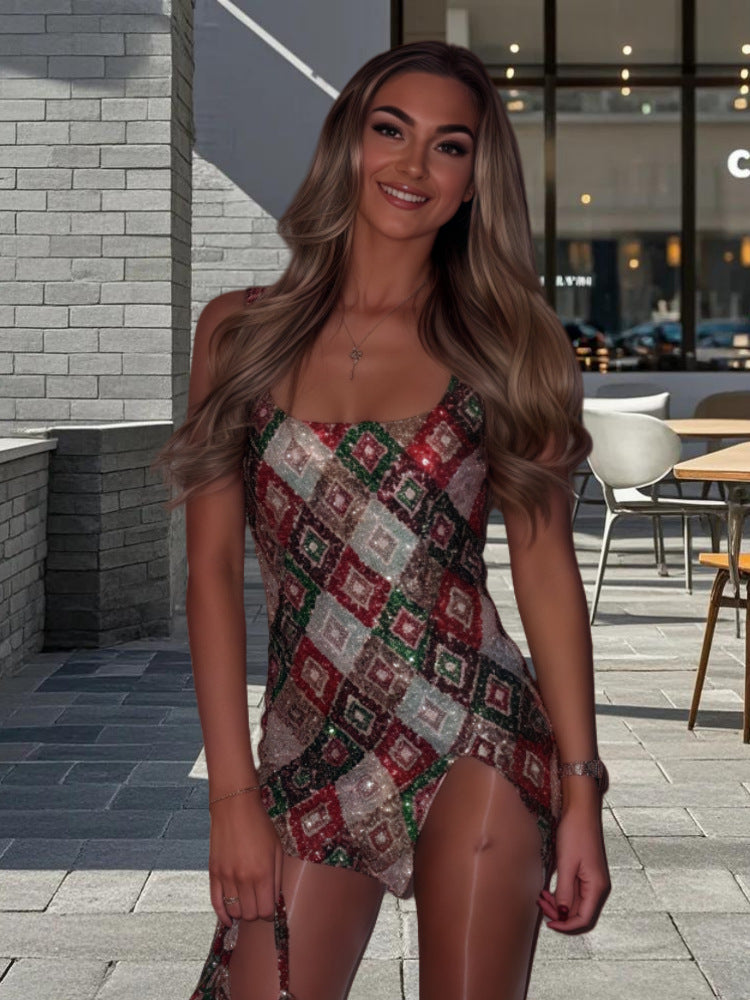 Women's Diamond Sequin Bodycon Mini Dress — Colorful Geometric Sequin Party Dress with Side Slit, Sparkle Sleeveless Club Dress S–XL in 15+ Colors