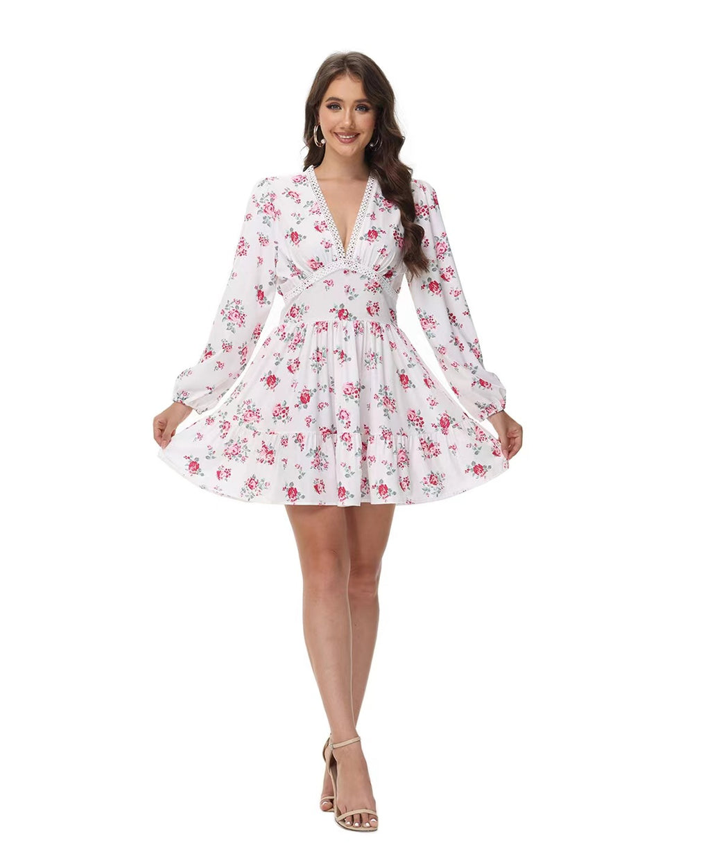 Women's V-Neck Lace Trim Floral Mini Dress — Romantic Puff Sleeve Tiered Ruffle Skirt Short Dress, Sweet Boho Floral Party Dress S–XXXL in 9 Prints