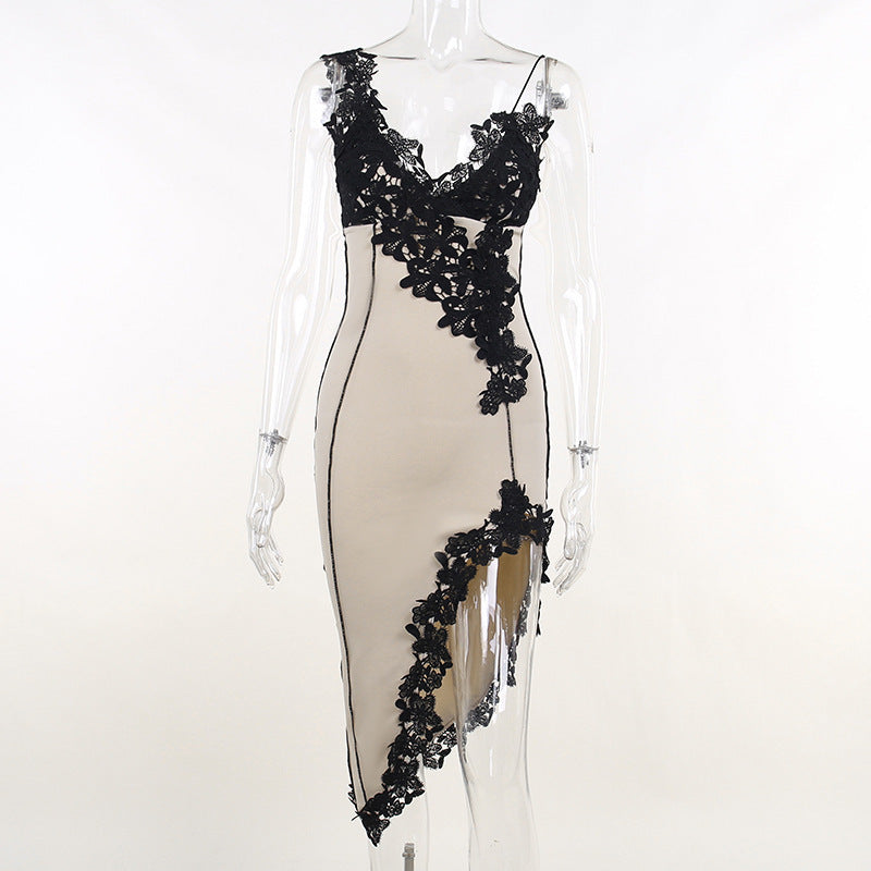 Sexy Deep V Lace Spaghetti Strap Bodycon Mini Dress for Women, Backless Slim Fit Party Club Dress