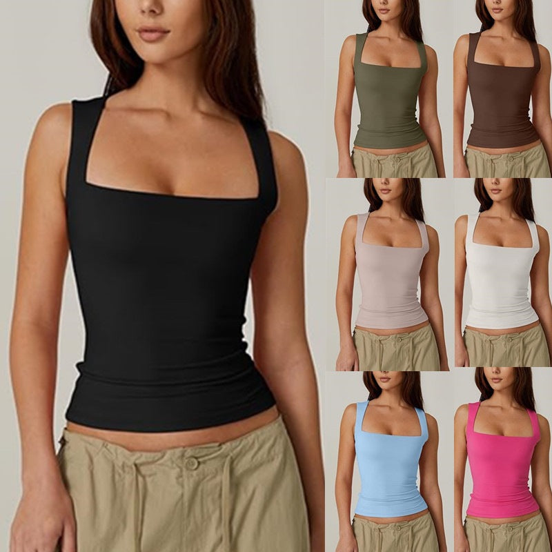 Women's Square Neck Sleeveless Tank Top — Double Layer Slim Fit Basic Crop Tee, Wide Strap Cami Shirt in 14 Colors