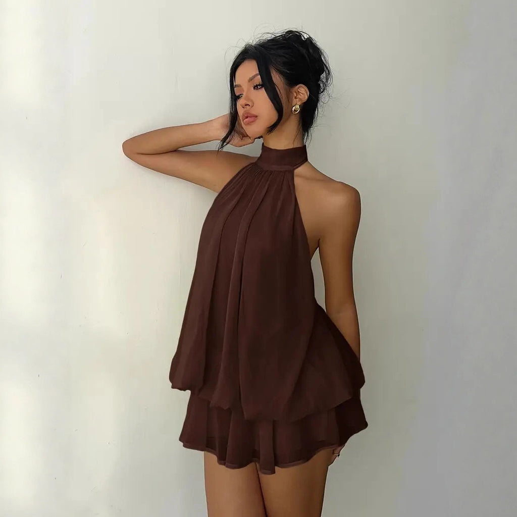 Sexy Chiffon Halter Mini Dress for Women, Island Vacation Backless Flowy Beach Dress, Summer Tea Dress