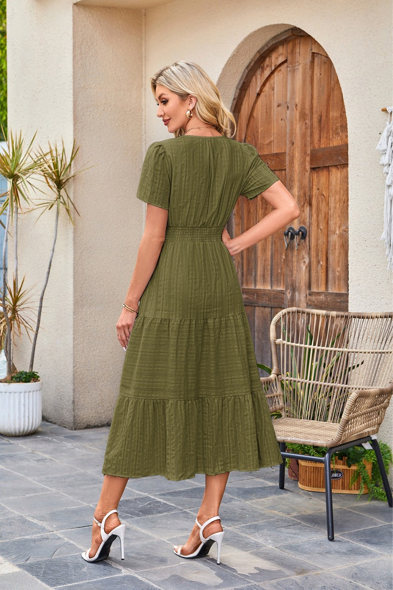 Women's V-Neck Smocked Waist Tiered Midi Dress — Flowy Puff Sleeve Boho Maxi Dress with Elastic Waist & Ruffle Tiered Skirt, Summer Casual Party Dress in 14 Colors S–XXL