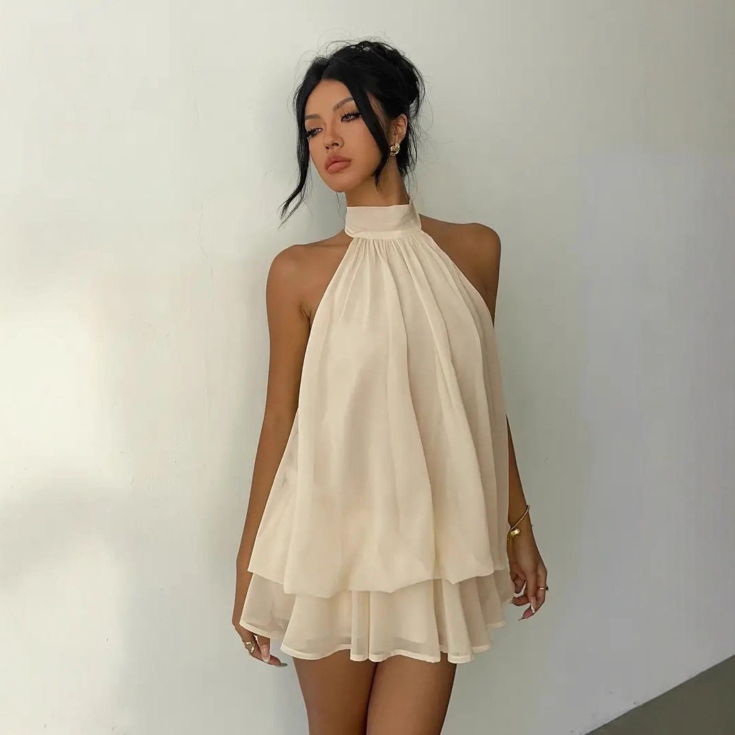 Sexy Chiffon Halter Mini Dress for Women, Island Vacation Backless Flowy Beach Dress, Summer Tea Dress