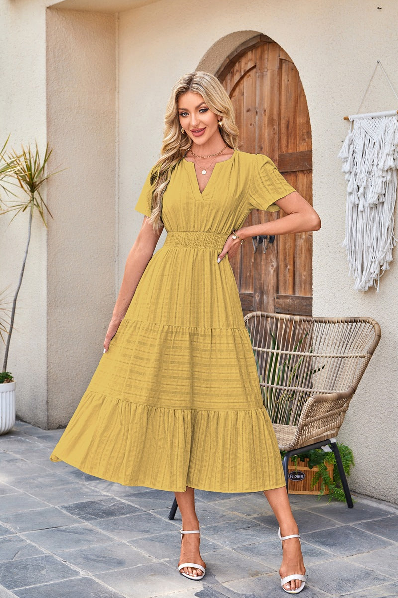 Women's V-Neck Smocked Waist Tiered Midi Dress — Flowy Puff Sleeve Boho Maxi Dress with Elastic Waist & Ruffle Tiered Skirt, Summer Casual Party Dress in 14 Colors S–XXL
