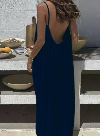 Women's Spaghetti Strap Open Back Loose Maxi Dress — Sexy Backless Slip Sundress, Adjustable Straps Casual Boho Beach Lounge Dress S–5XL in 25+ Colors