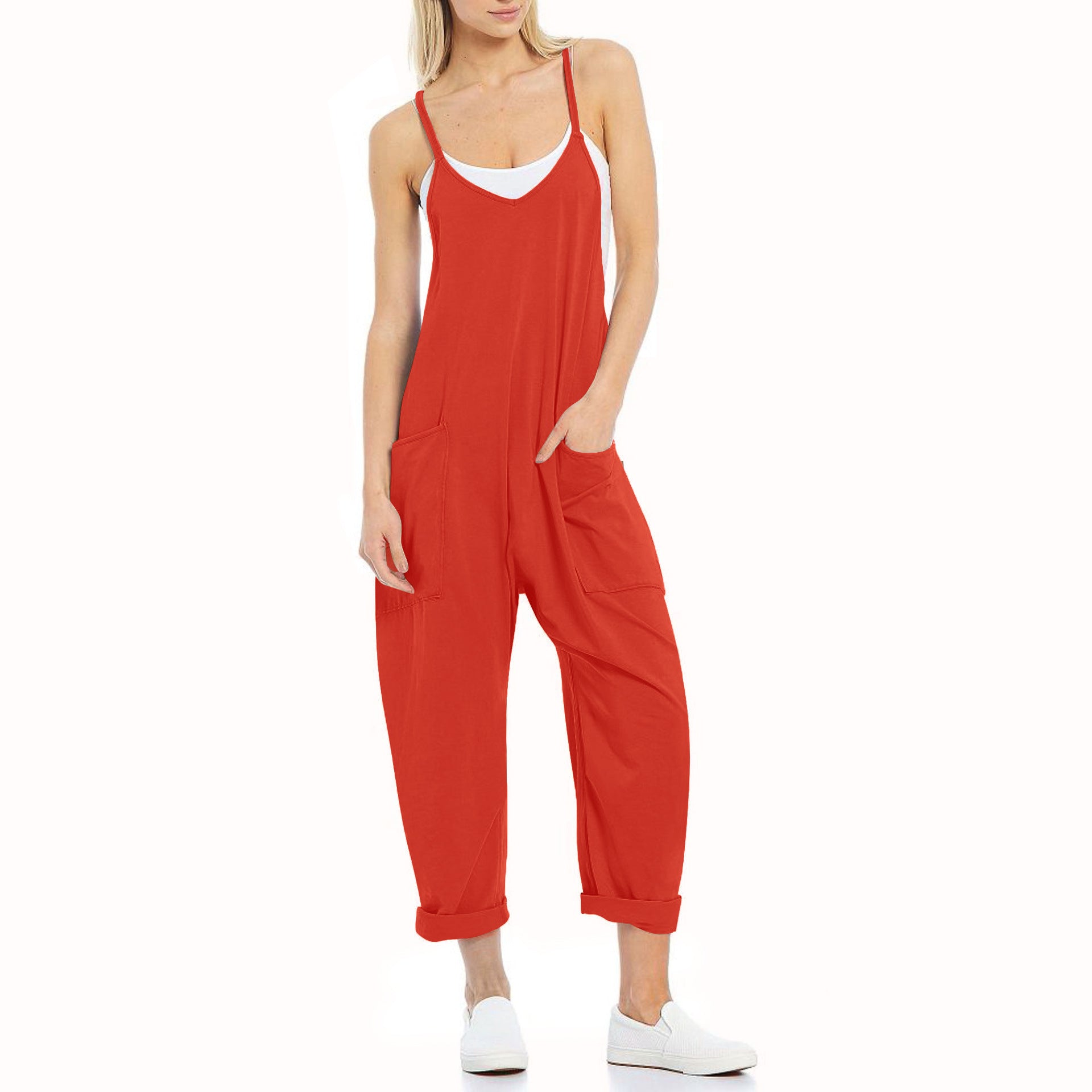 Women's Spaghetti Strap Loose Jumpsuit — Soft Fleece Relaxed Fit One-Piece with Deep Patch Pockets & Adjustable Straps, Cropped Leg Romper in 10+ Colors