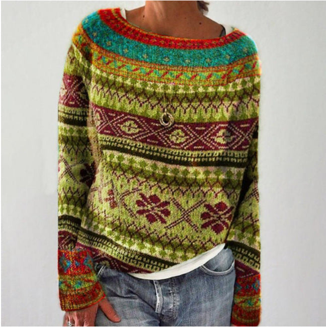 Women's Vintage Colorblock Knit Sweater | Boho Folk Floral Crew Neck Oversized Pullover | Fall Winter Top