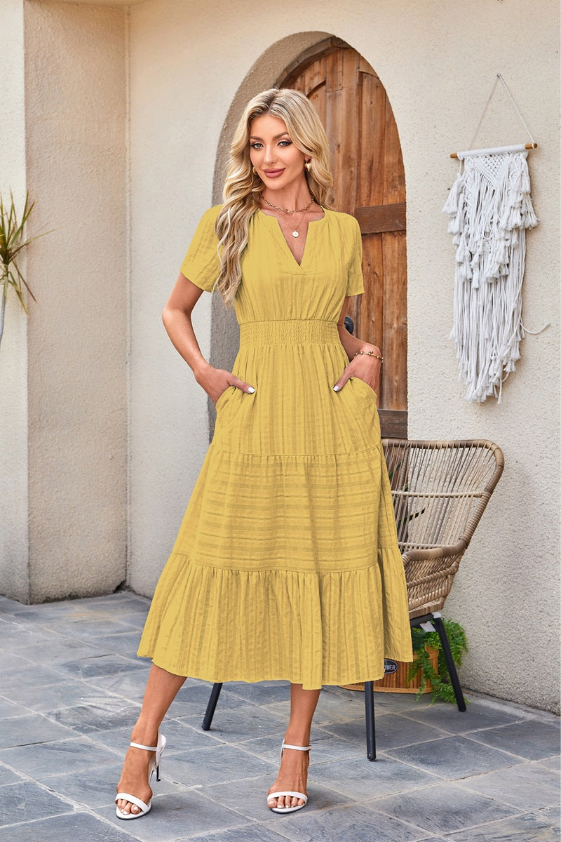 Women's V-Neck Smocked Waist Tiered Midi Dress — Flowy Puff Sleeve Boho Maxi Dress with Elastic Waist & Ruffle Tiered Skirt, Summer Casual Party Dress in 14 Colors S–XXL