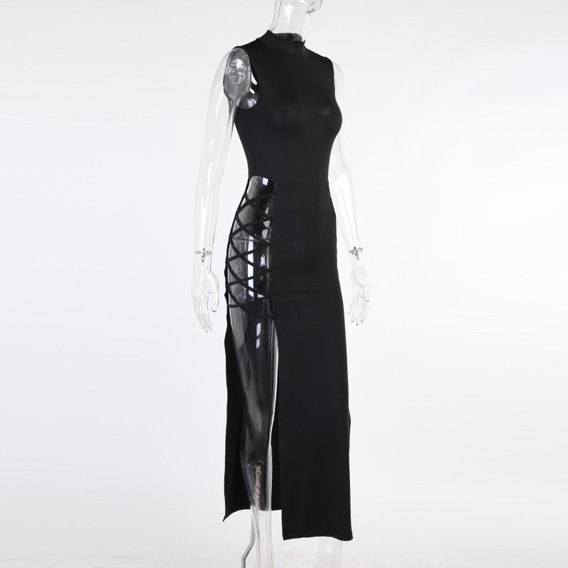Women's Mock Neck Lace-Up Cutout Maxi Dress — Sexy Criss-Cross Strap Waist Sleeveless High Slit Bodycon Long Dress, Club Party Night Out Dress S–L in 3 Colors