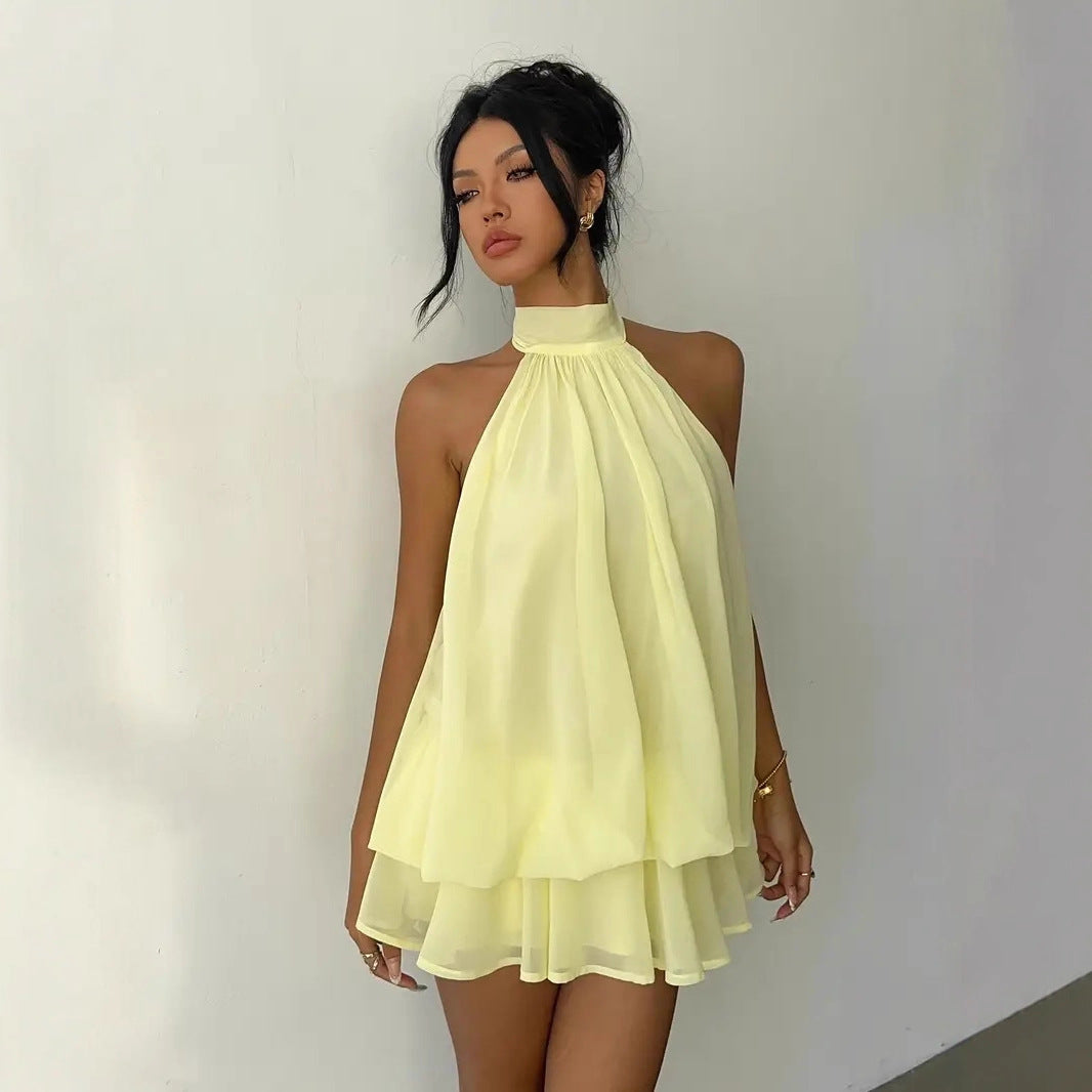 Sexy Chiffon Halter Mini Dress for Women, Island Vacation Backless Flowy Beach Dress, Summer Tea Dress