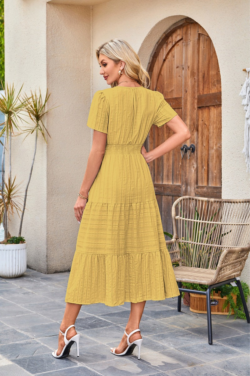 Women's V-Neck Smocked Waist Tiered Midi Dress — Flowy Puff Sleeve Boho Maxi Dress with Elastic Waist & Ruffle Tiered Skirt, Summer Casual Party Dress in 14 Colors S–XXL