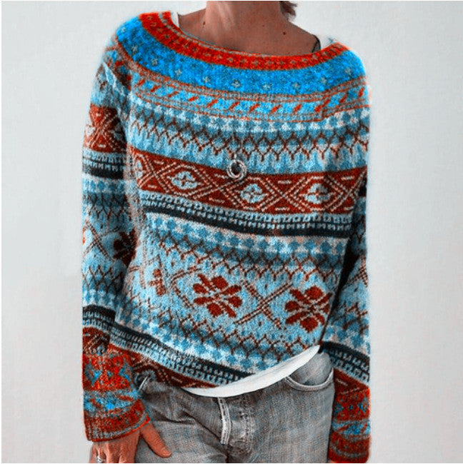 Women's Vintage Colorblock Knit Sweater | Boho Folk Floral Crew Neck Oversized Pullover | Fall Winter Top