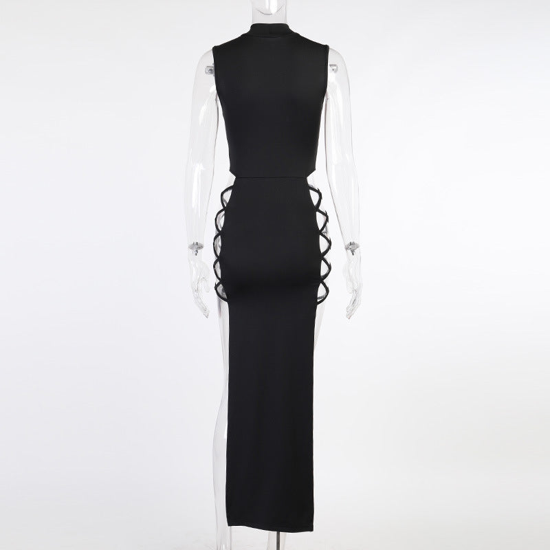Women's Mock Neck Lace-Up Cutout Maxi Dress — Sexy Criss-Cross Strap Waist Sleeveless High Slit Bodycon Long Dress, Club Party Night Out Dress S–L in 3 Colors