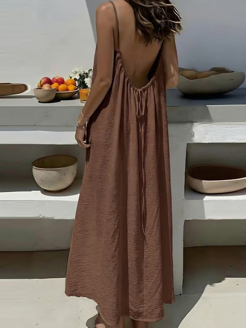 Women's Spaghetti Strap Open Back Loose Maxi Dress — Sexy Backless Slip Sundress, Adjustable Straps Casual Boho Beach Lounge Dress S–5XL in 25+ Colors