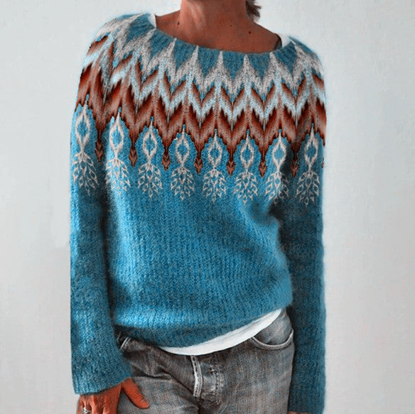 Women's Vintage Colorblock Knit Sweater | Boho Folk Floral Crew Neck Oversized Pullover | Fall Winter Top