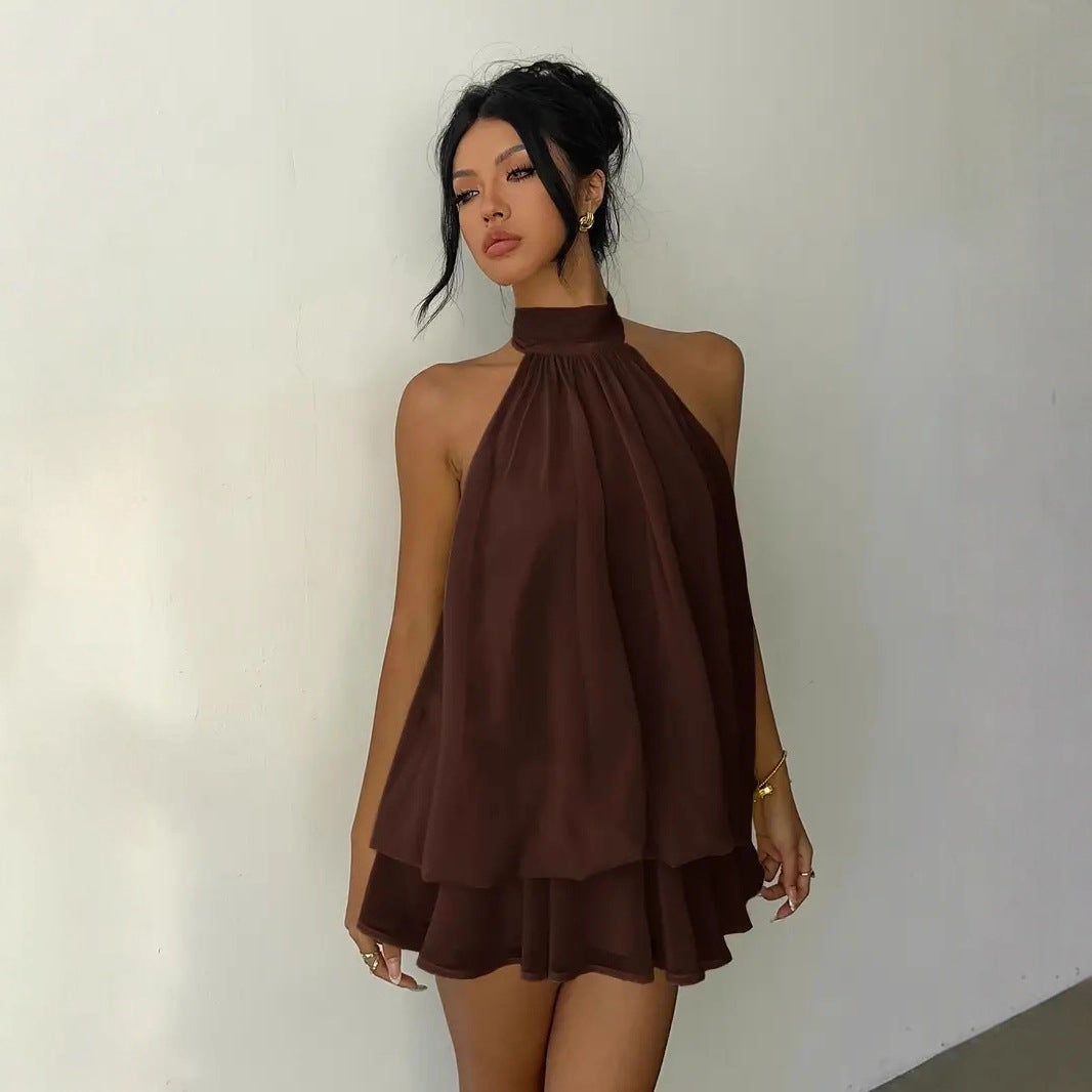 Sexy Chiffon Halter Mini Dress for Women, Island Vacation Backless Flowy Beach Dress, Summer Tea Dress