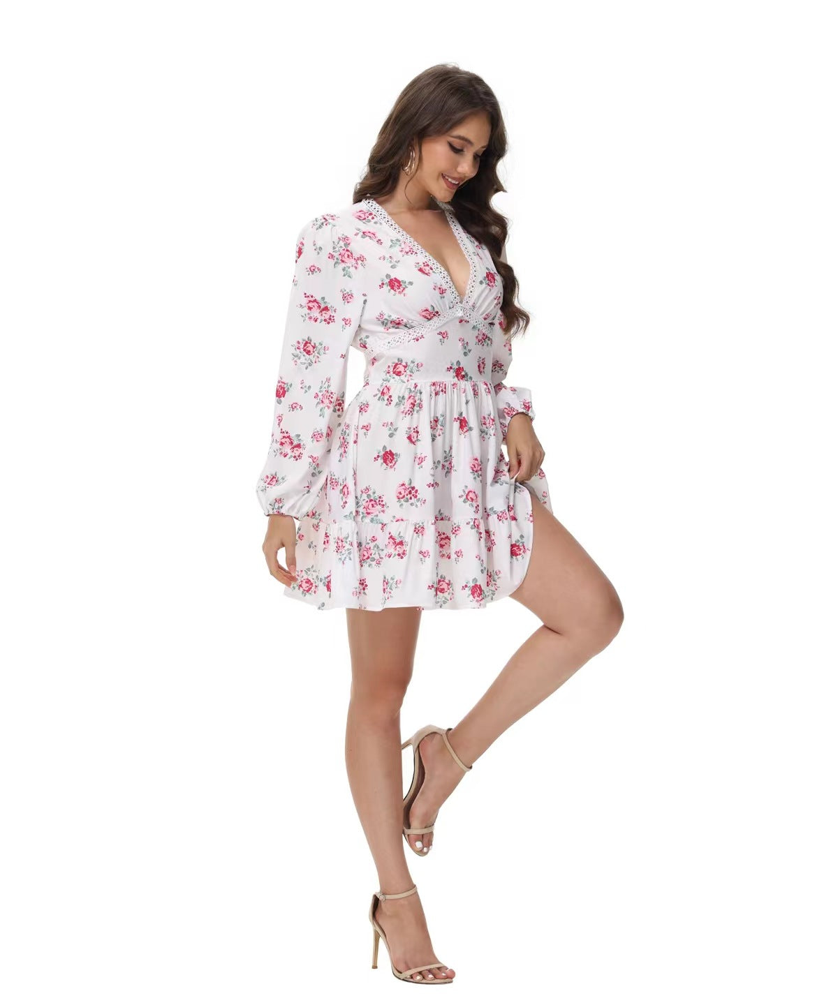 Women's V-Neck Lace Trim Floral Mini Dress — Romantic Puff Sleeve Tiered Ruffle Skirt Short Dress, Sweet Boho Floral Party Dress S–XXXL in 9 Prints