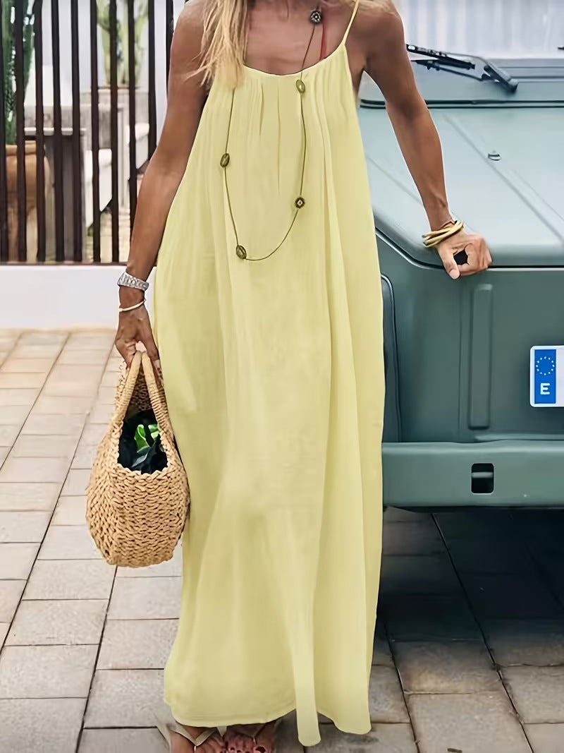 Women's Spaghetti Strap Open Back Loose Maxi Dress — Sexy Backless Slip Sundress, Adjustable Straps Casual Boho Beach Lounge Dress S–5XL in 25+ Colors