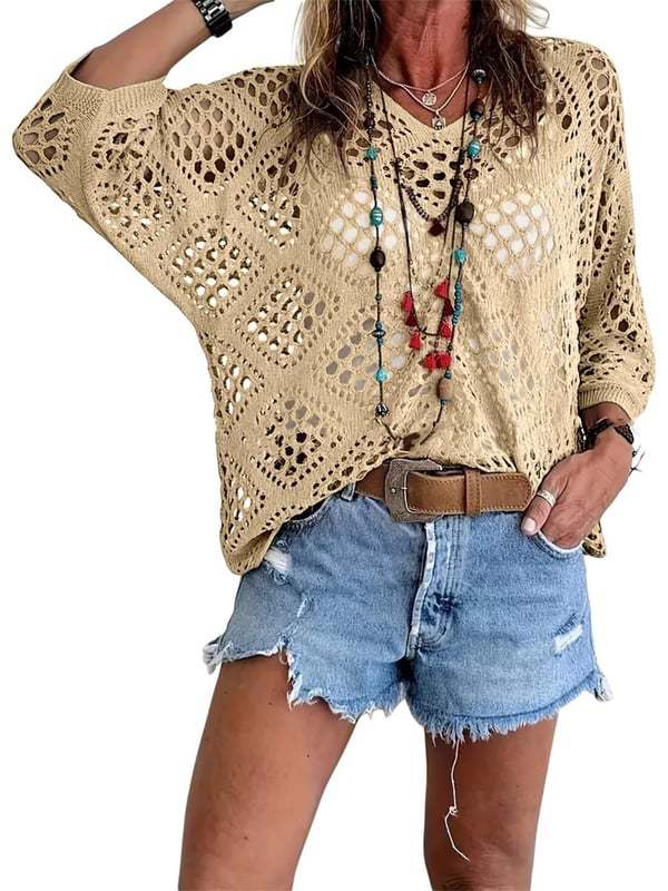 Women's Boho Crochet Hollow-Out Knit Top | V-Neck Batwing Sleeve Beach Cover-Up Sweater | S-5XL